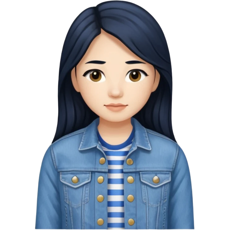 Teresa Li in black long hair, wearing blue and white striped shirt and denim jacket  emoji
