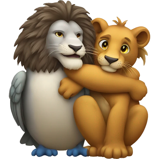 lion and mallard hugging each other and super happy emoji