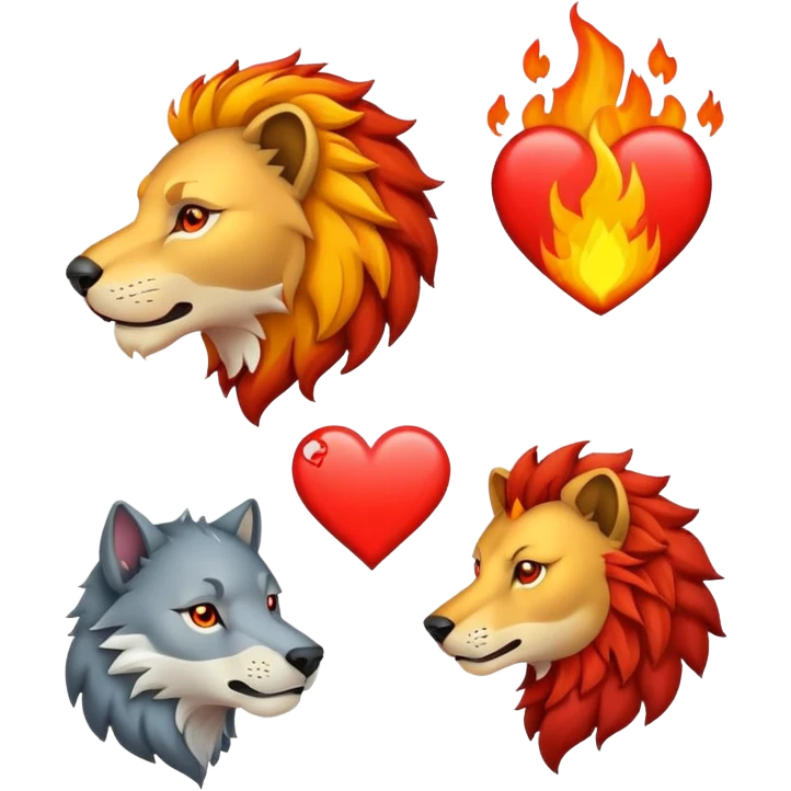 Lion, heart, fire, wolf emoji