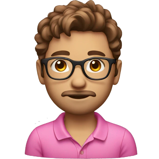 brown hair boy with beard small glasses and pink polo emoji