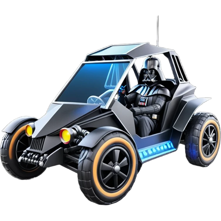 Mad max survival apocalypse ghostly sporty Darth Vader’s Batman-armored 1876 black graphite colored town buggy with horizontal holographic 3d stars painted on the body sides and neon under glow  emoji