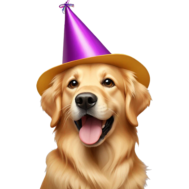 Golden retriever dog with birthday hat emoji