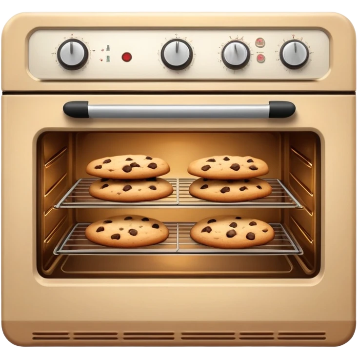 Realistic vintage beige oven with chocolate chip cookies baking inside of it. emoji