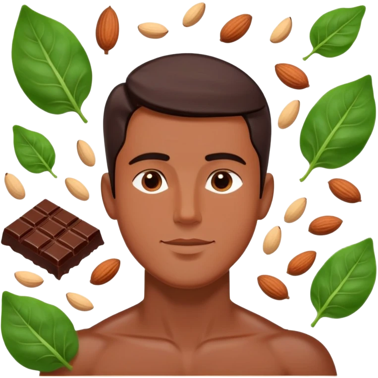 Relaxed male figure surrounded by floating foods: large pieces of shiny dark chocolate prominently displayed, with spinach leaves, almonds, and seeds. Soft light connecting these magnesium-rich foods to muscles and nervous system, showing a soothing effect on the man's body. emoji