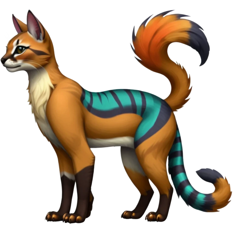 Colorful dark tropical tribal glorious divine exotic cute cool beautiful beautiful fantasy-caracal-civet-genet-sergal-vernid-Gryphon-Cacomistle-Trico-oncilla-animal-Fakémon-hybrid-fursona (full body) emoji
