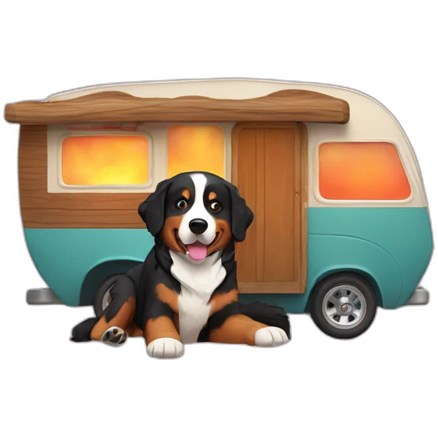 bernese mountain dog driving camper and wood-fire emoji