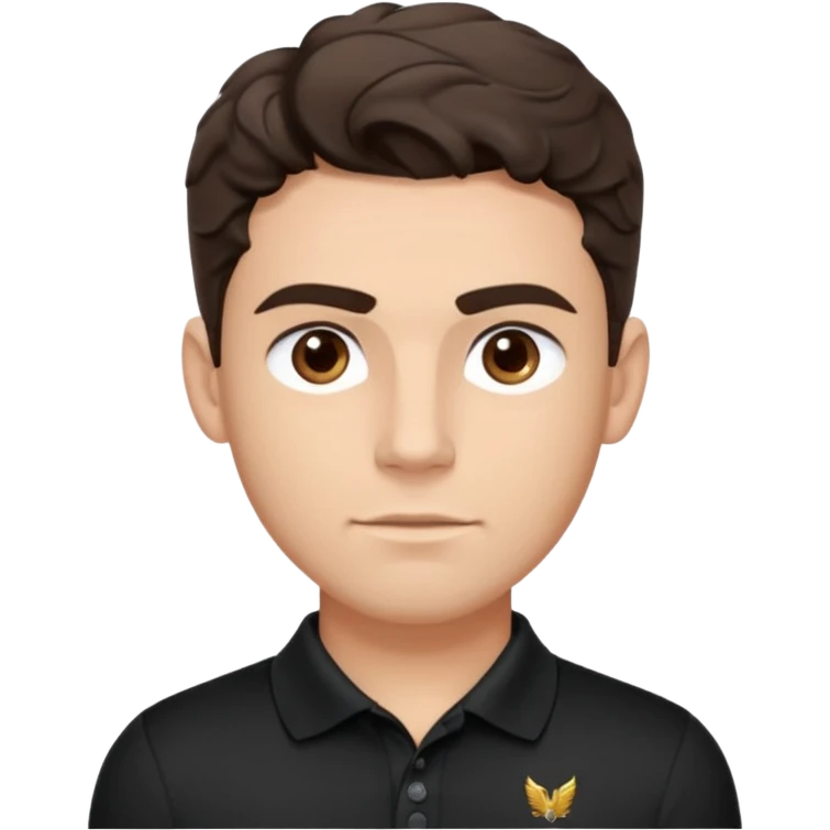 He’s a man with light to medium skin, a defined oval face, full brows, deep-set eyes, and wavy short dark brown tall hair styled with height, sides are trimmed. muscular. expression calm and focused relaxed black polo shirt. polished, articulate, and coach vibe. tall hair.  emoji