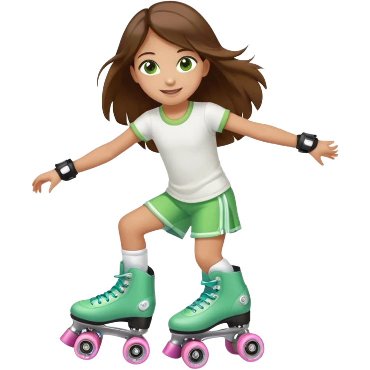 an 8 year old girl with green eyes and long brown hair. smiling. skating on quad style roller skates with white boot. emoji
