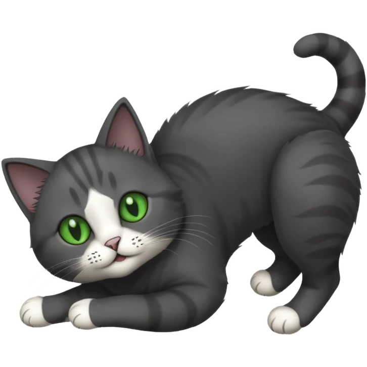 solid dark grey cat with green eyes, white toes/paws playfully rolling upside down emoji