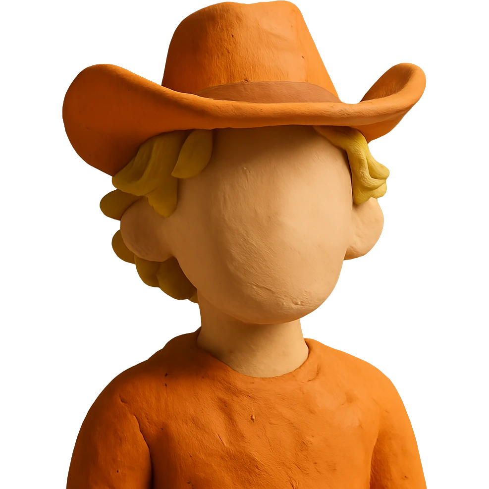 claymation style young man with wavy blonde hair, blank face, orange cowboy hat emoji