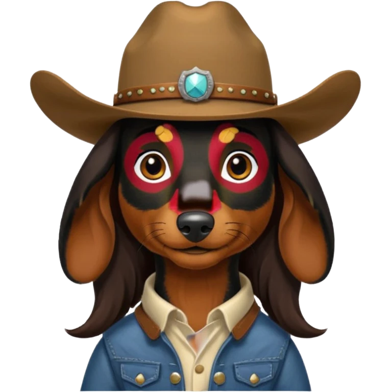 mostly black with some brown long hair daschund with a cowboy hat emoji