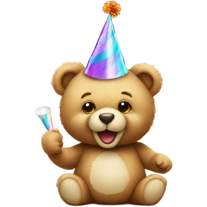 Cute teddy bear wearing a party hat and blowing a party horn emoji