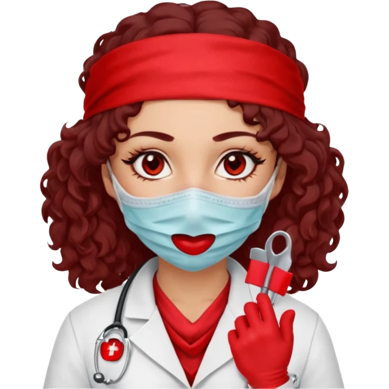 Lilith scalpel in hand, evil surgeon sexy surgeon clothes.  She has red eyes. Dark brown curly hair. Wears sexy doctor outfit with red gloves.covers her mouth necknose with red bandana to hide  her identity. Hair is long and brown emoji