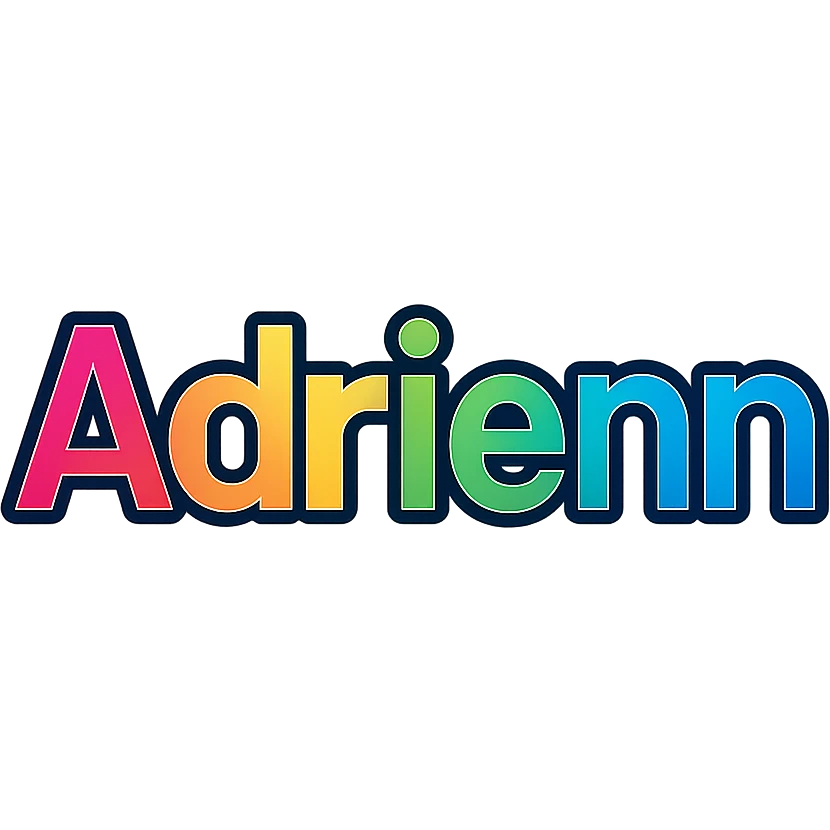 Adrienn name in colorful gradient modern font with dark outline, transparent background, in the style of sample images emoji