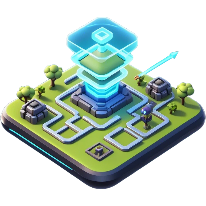 Clash of Clans aesthetic: Cinematic Playful 3D Isometric Holographic Map Emoji, rendered in a 3D vector-style similar to standard emojis with minimal shading and bold, simplified shapes. A compact, distinct form with signature details, softly glowing with a futuristic sci-fi warfare charm. Simplified yet unmistakably iconic, highly detailed and consistent, glowing with a soft radiance and high shine. Stylized with a touch of high-tech brilliance and a soft glowing outline, capturing the essence of a beloved gaming relic with a friendly, playful manner! emoji