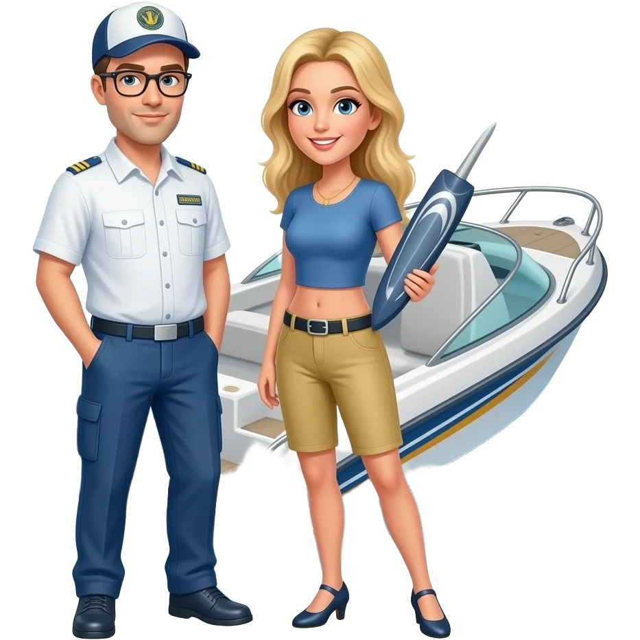 uomo e donna, esperti di escursioni in mare, vicino ad un motoscafo emoji