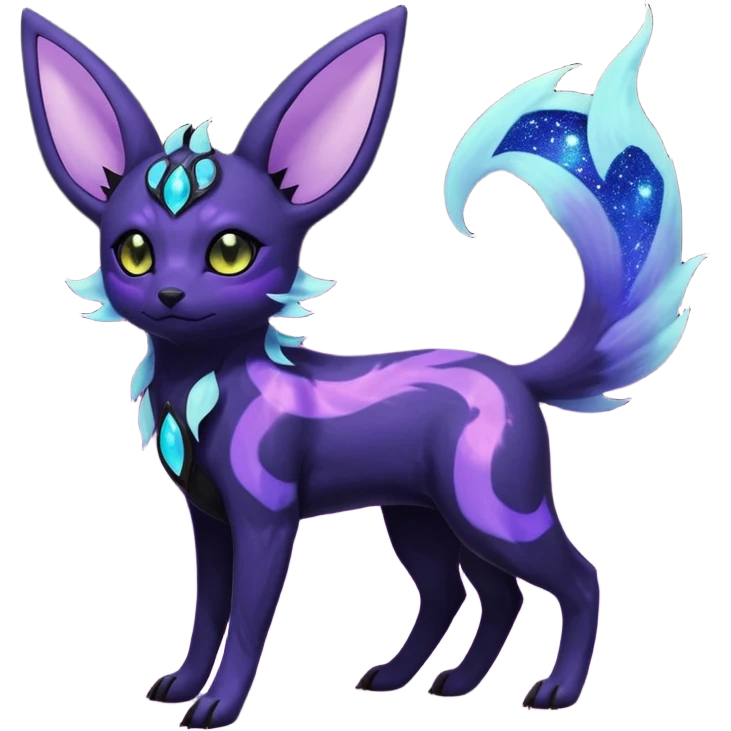 Rare realistic purple indigo violet nebulae shiny sparkly dark-neon glowing bioluminescent edgy badass epic pretty beautiful handsome gorgeous aesthetic colorful vibrant Vernid-Trico-Umbreon-Espeon-species-Fakemon-creature by LiLaiRa, 4 legs, 1 tail, random markings, (full body) emoji