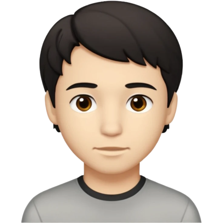 A young man with light skin tone, short wavy black hair parted to the side, large brown eyes, and a neutral expression with a small closed-mouth smile. emoji