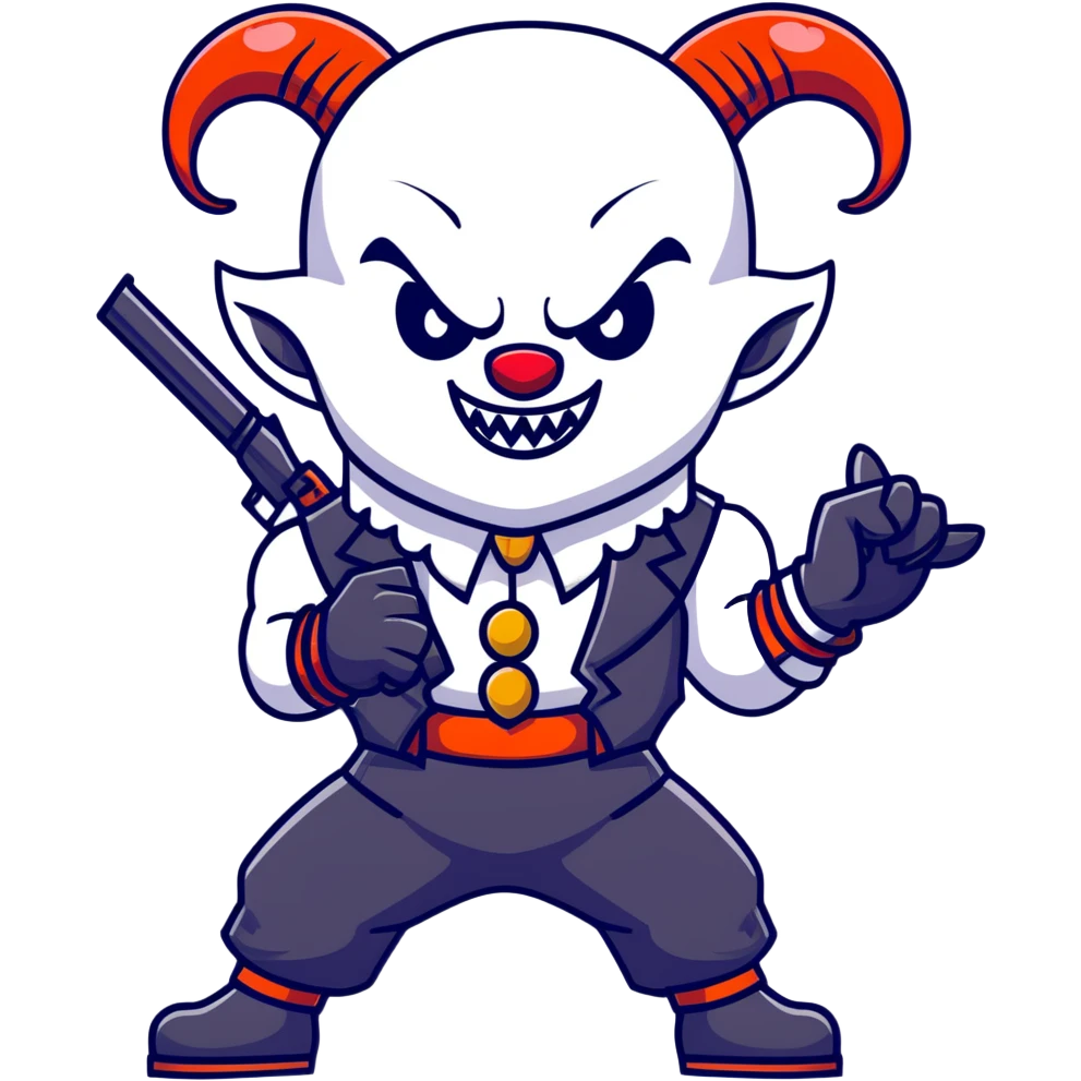full-body muscular demonic clown in a black and white leisure suit with bellbottom pants, bald, with black ram horns, flashy black and white belt, ruffled white shirt, no neck tie, large fangs, holding a very large futuristic rifle emoji