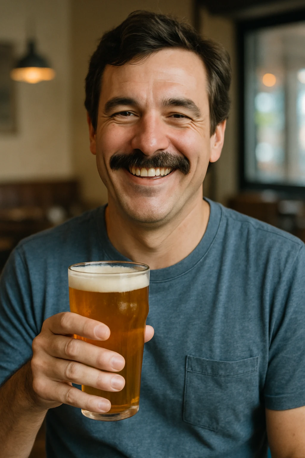 A man with a mustache holding a glass of beer emoji