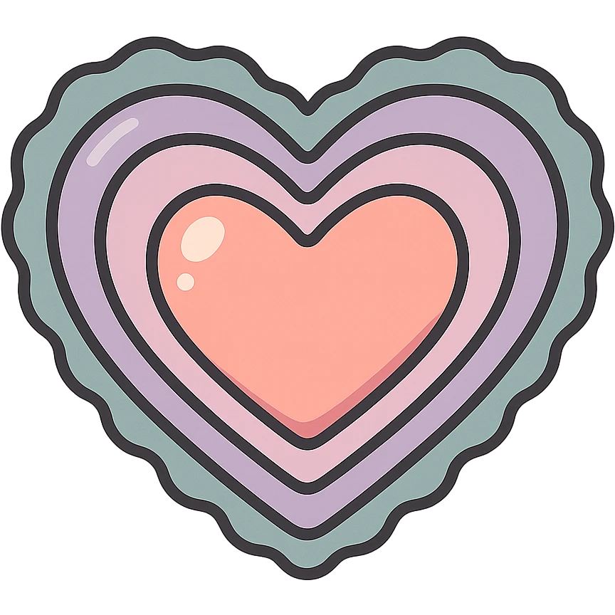 heart with wavy edges, icon-color-outlined style, detailed shadows and highlights, thin clean contours, soft rounded shapes, pastel palette #98B5BC, #B5B3C1, #C9A3C9, #E4C0CA, #F7DCD1, #F7C0AA, modern Japanese pop art and sticker aesthetic, soft lighting, transparent background emoji