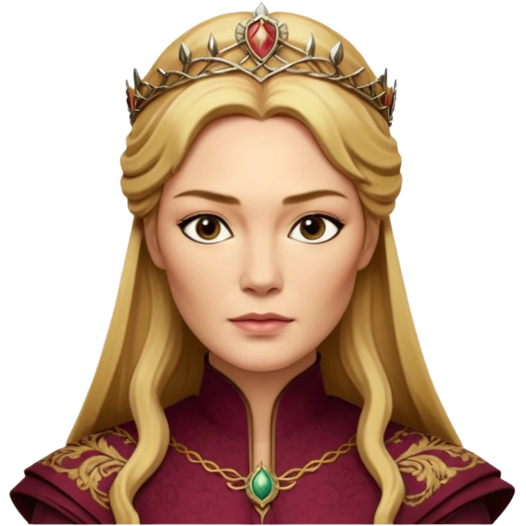 Cinematic Realistic Cersei Lannister Portrait, depicted with lifelike skin texture, subtle rosy undertones, and soft natural lighting that enhances the gentle contours of her face. Her intricately detailed golden blonde hair is elegantly styled , emoji