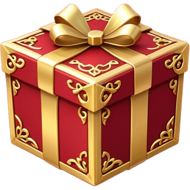 Create a highly polished, 3D game UI–style gift box with a luxurious red and gold theme. gift box ,The square box features deep crimson-red panels with ornate gold metallic trim and filigree details along the edges.  emoji