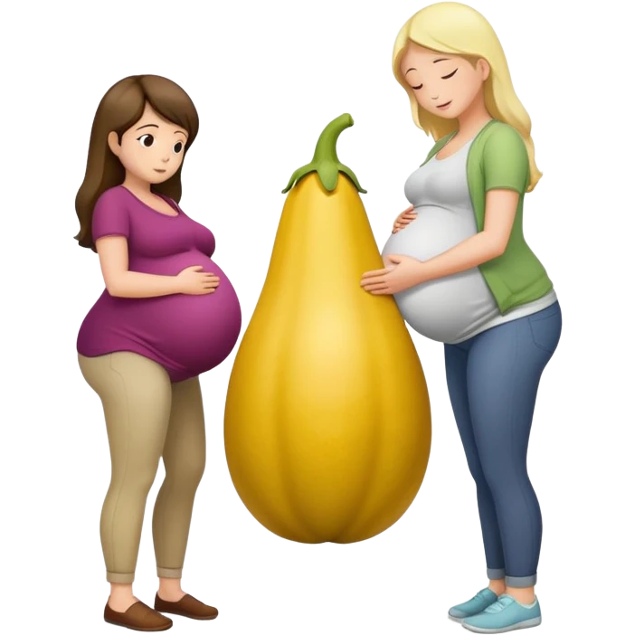 yellow eggplant on top of a pregnant person, with a bowing person turned to the side emoji