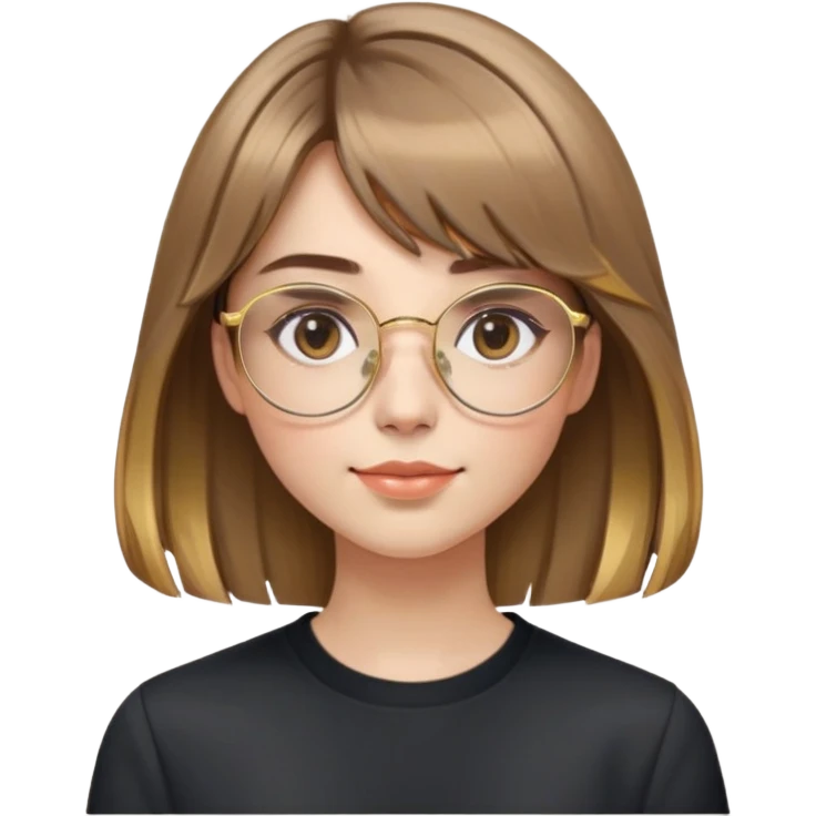 young adult woman with fair skin, round face with soft cheeks, light brown hair with golden highlights, voluminous and straight with slight waves, long bangs over eyebrows, large octagonal gold metal frame glasses, dark casual shirt, friendly and creative expression emoji