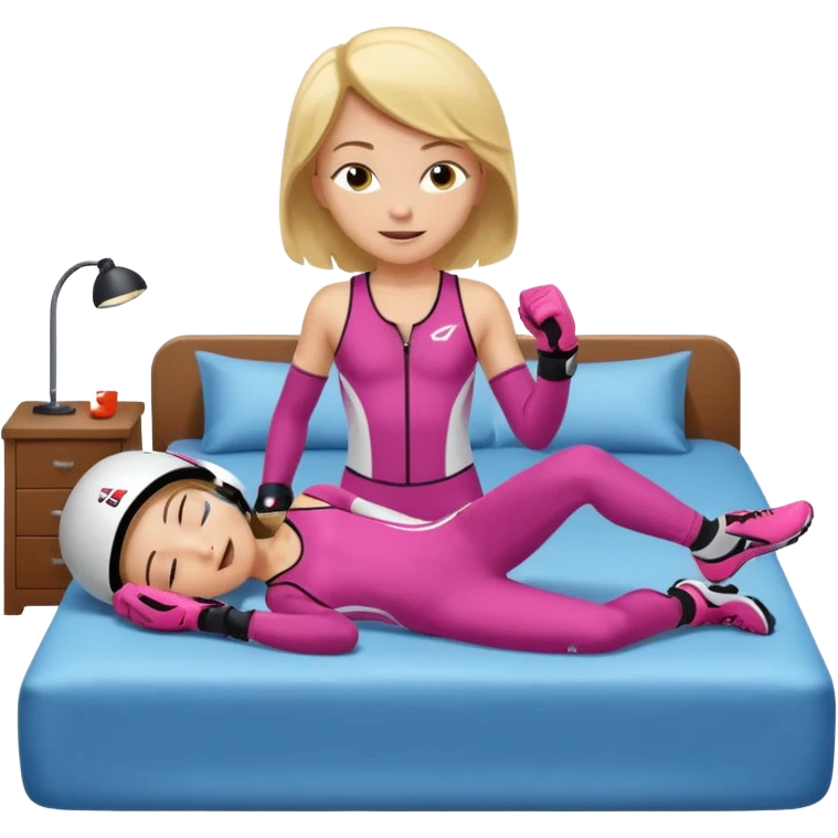 ten-year-old girl in a racing suit, racing shoes and racing gloves with no helmet, unzipped, revealing a sports bra, sleeping on a bed happily, flat-chested and prepubescent emoji