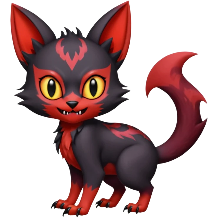 Vampiric Batty Black and Sanguine-red Noibat-Litten-Torracat-Lykoi-hybrid-fusion (full body) emoji