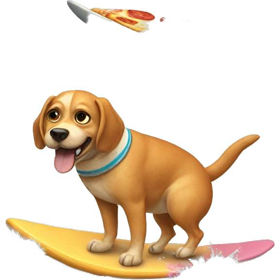 Dog riding a surfboard eating pizza emoji