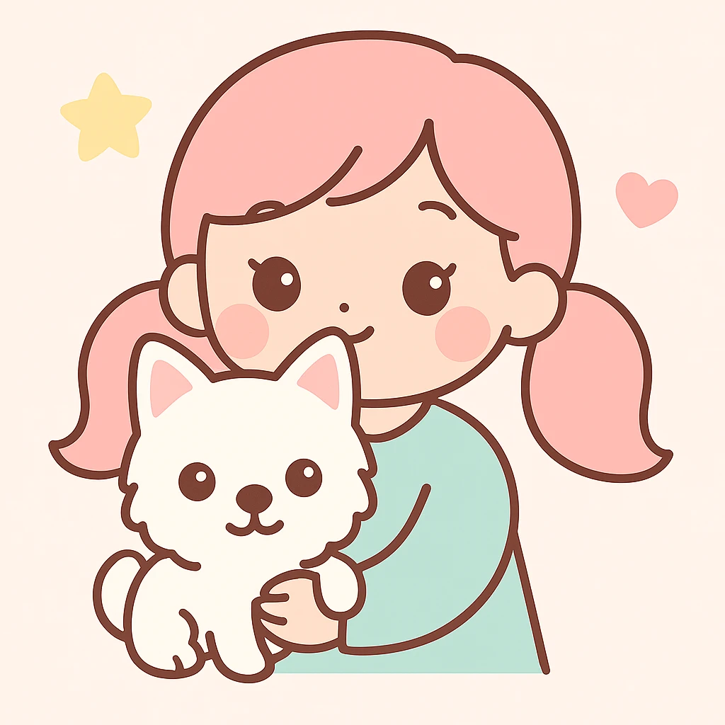 Change the woman's hairstyle to pigtails, keep the soft and cute style with gentle colors and the Westie dog. emoji