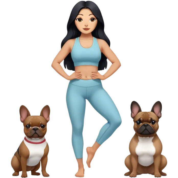 latin woman in a yoga outfit with long black hair standing alongside two French bulldogs  emoji