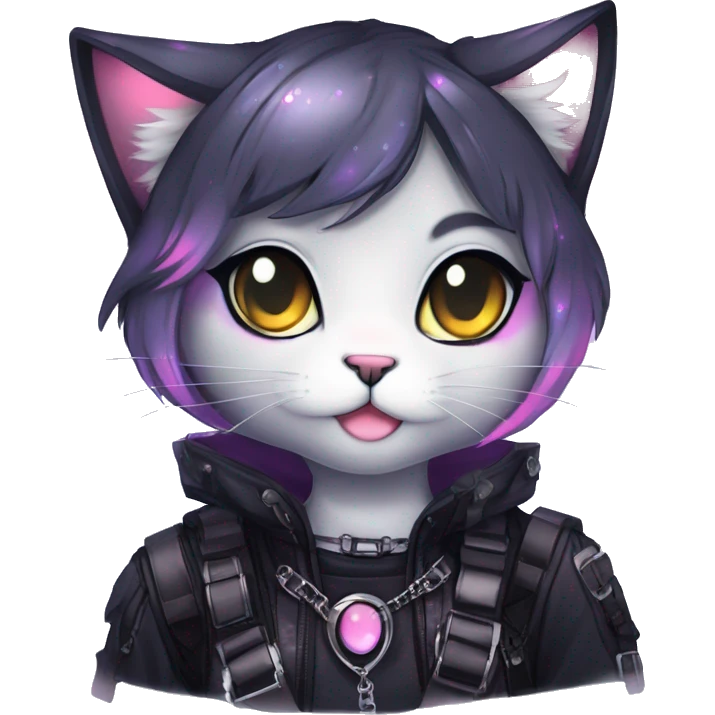 Gorgeous sparkly shiny colorful gradient gothic dark techwear anime style anthro cat with blushing face aesthetic and pretty edgy black with collar and harness trending style emoji