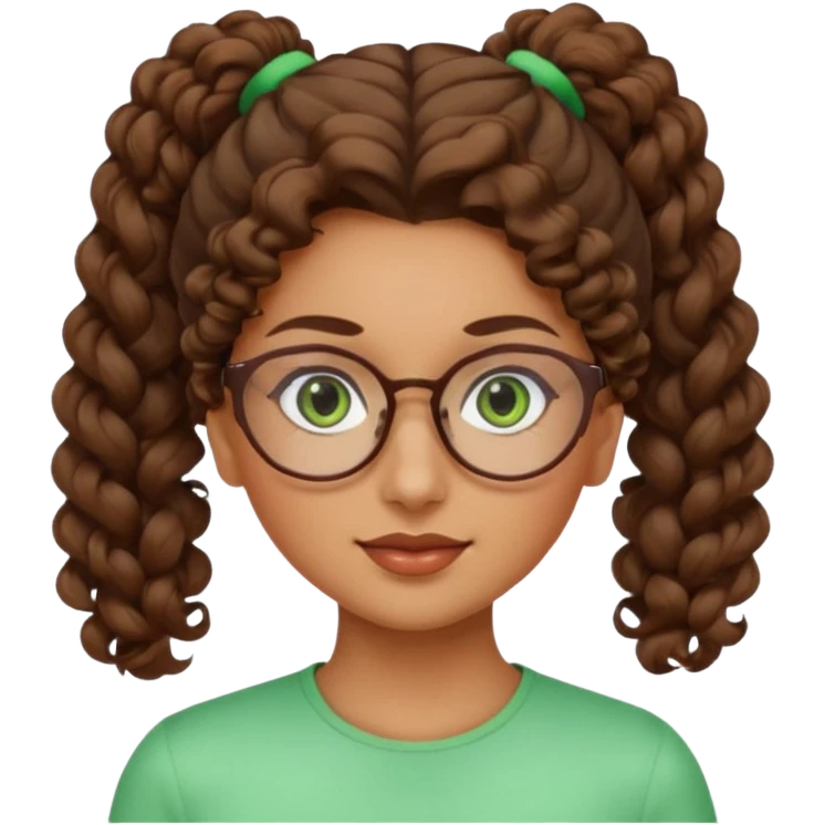 iranian woman, tight curly light brown hair in pony tail, glasses, green eyes, pretty, oval shape face emoji