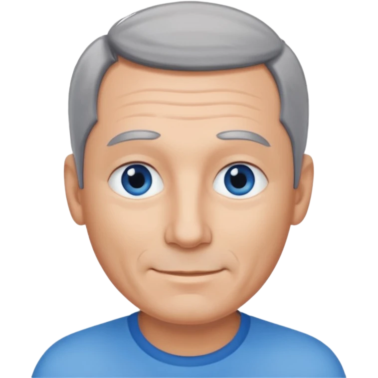 Middle aged man with receding grey and black hair and no beard, blue eyes, shy smile, tanned skin emoji