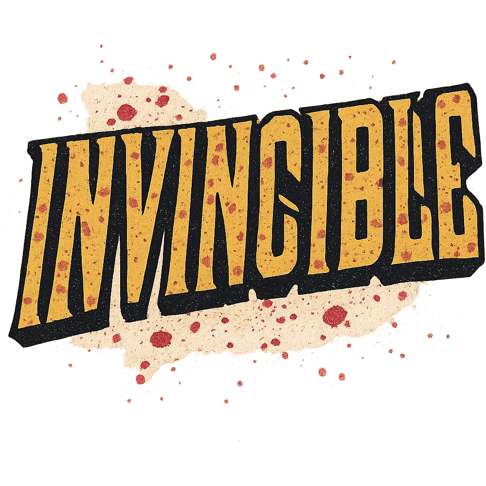 the word 'Invincible' in a gritty, distressed comic font, yellow with black outline, splattered with red, no background emoji