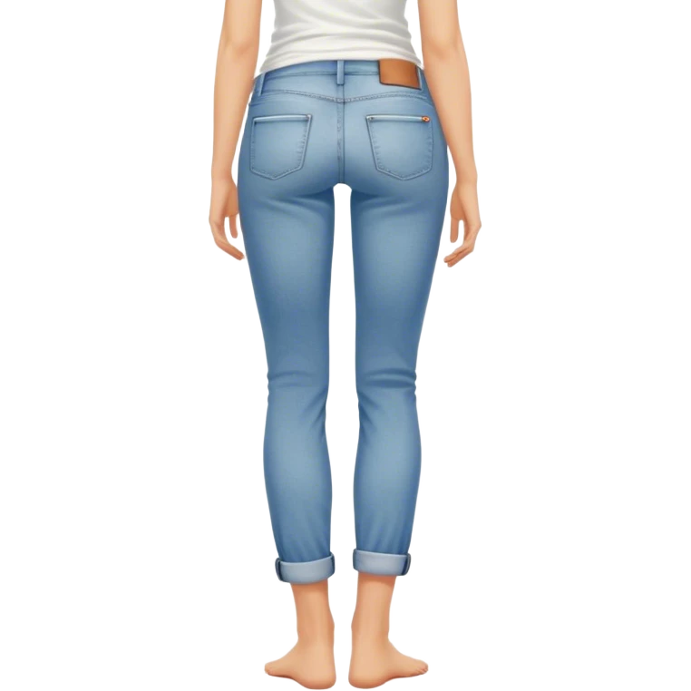 Barefoot blonde girl in rolled up denim jeans with with tank top right hand in back pocket from the back emoji