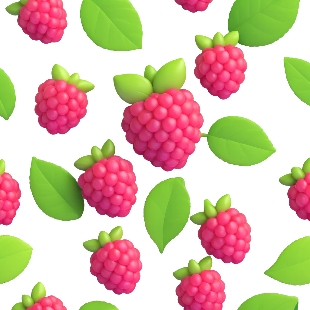 raspberry with green leaves, detailed and realistic yet stylized, glossy rounded berry segments, lush green leaves, iOS 3D style emoji