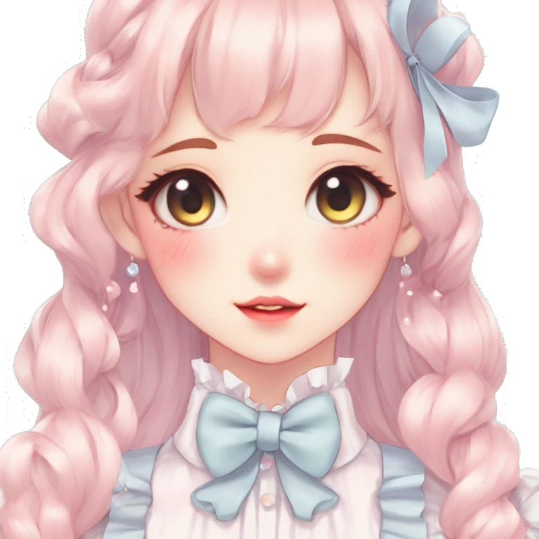 Gorgeous pastel anime style lady with blushing face and laces bow ties necklace cottagecore fairycore pastelcore colorful pearly romantic simplistic aesthetic trending style emoji