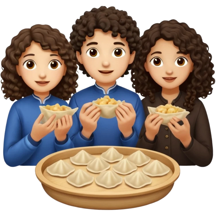 Can you create an emoji of three 23 year olds eating dumplings. One boy with wavy curly hair and one Jewish girl with long dark brown curly hair and one half Indian / half white girl with mid length dark brown hair. All brown eyes emoji