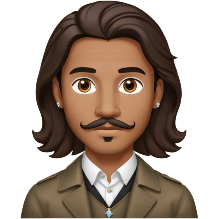 Young man with medium brown skin, mixed-race ethnicity, long wavy dark brown hair with an EXTREMELY PRECISE CENTER PART exactly aligned with the middle of the face, hair parted perfectly symmetrically on both sides, mustache separated from goatee, medium brown eyes, small diamond stud earrings, head only emoji