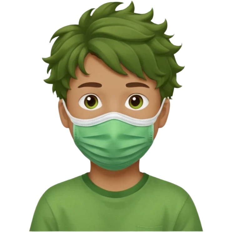A teenage boy, tanned, wearing a green t-shirt , blue jeans and green sneakers with brown wavy tousled hair, , wearing a green cloth face mask emoji
