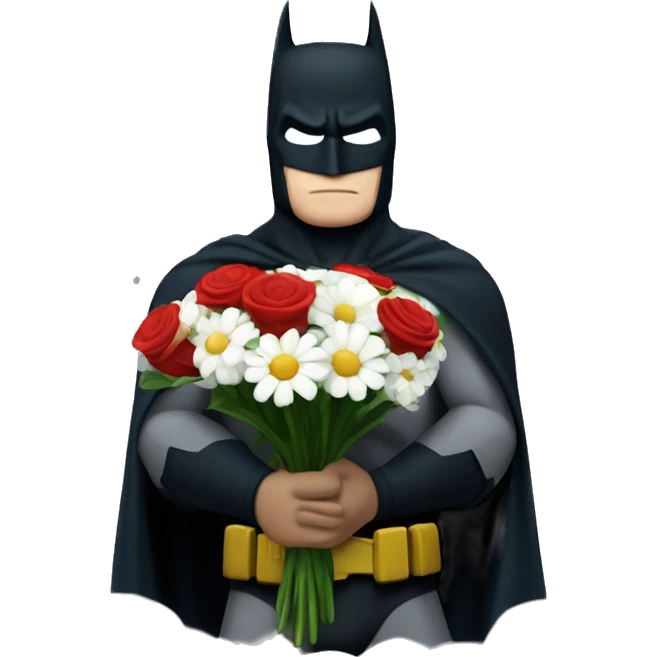 Batman holding a bouquet of white and red flowers in front of the night sky  emoji