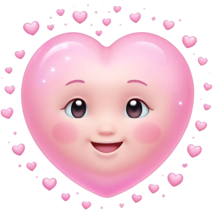 Cinematic floating soft heart, chubby round edges, pastel pink glow, tiny smiling face, surrounded by dreamy sparkles, gentle and loving. emoji