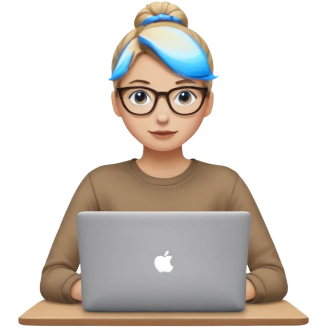 girl, dirty blonde hair, a bun, blue eyes, glasses, brown longsleeve, a laptop. upper body. emoji