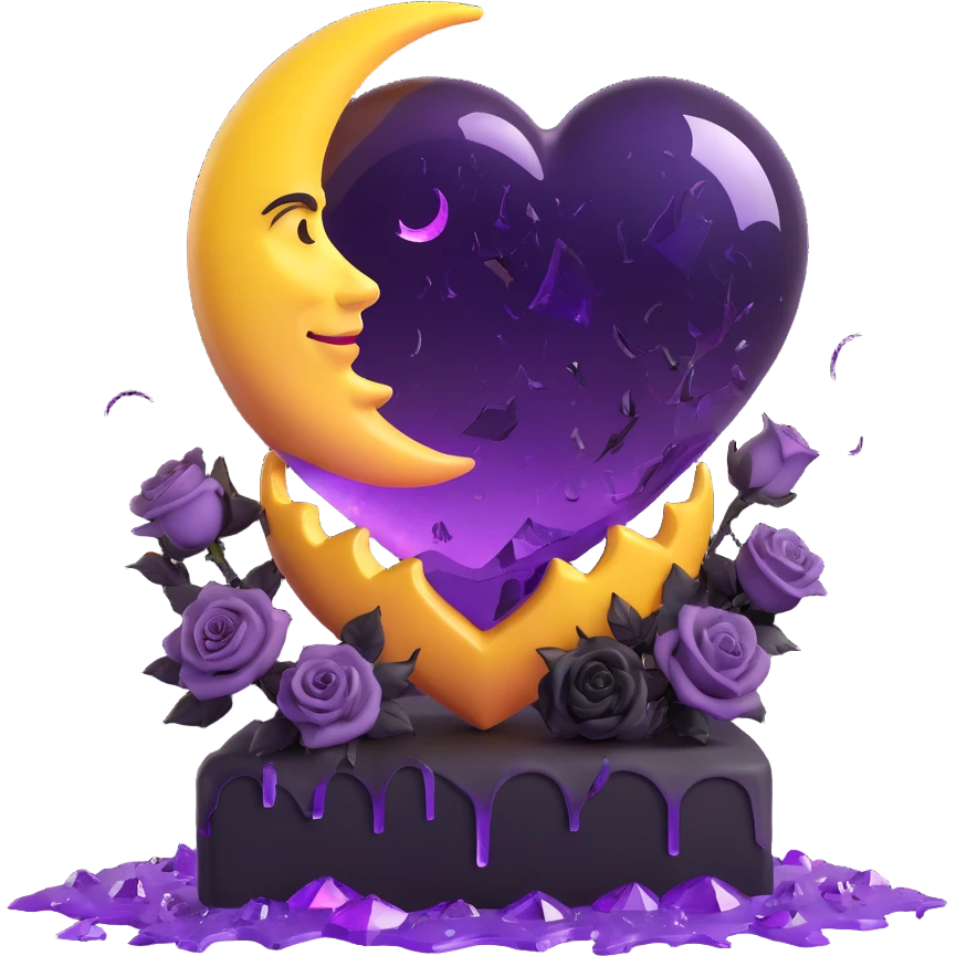 3D emoji gothic heart, purple glass, crescent moon with gemstone, black roses at the base, bold lightning, heavy rain, cracked glass with crystal shards emoji