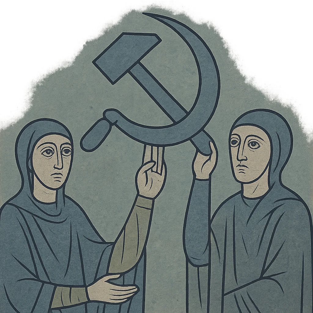 Soviet icon with hammer and sickle, bold red and gold colors, vintage propaganda style emoji