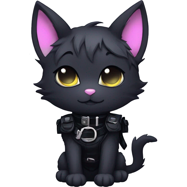 Gorgeous furry gothic dark techwear anime style anthro black bat-cat furry sona with blushing face aesthetic and pretty edgy black with collar and harness trending style emoji